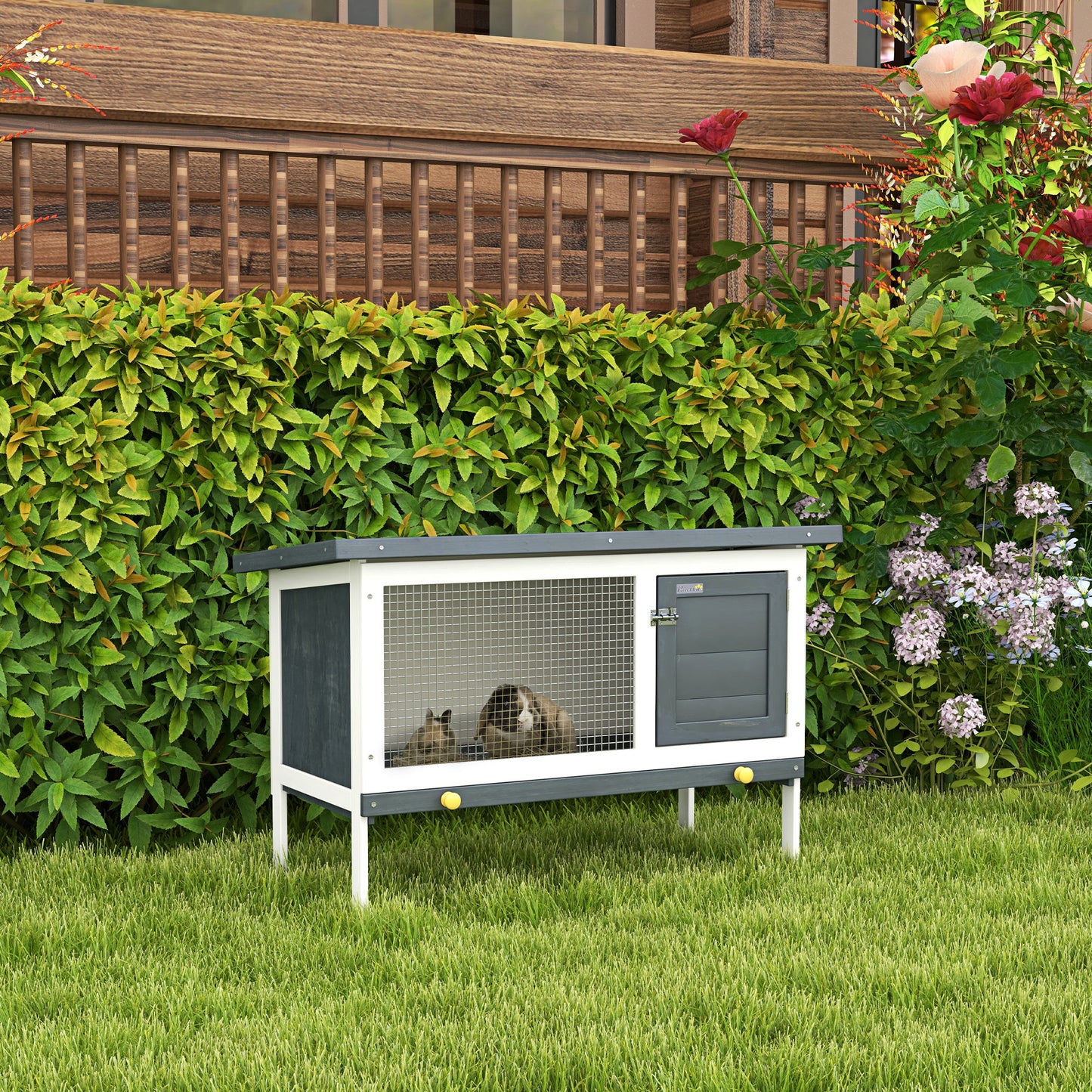 PawHut Wooden Rabbit Hutch Guinea Pig Hutch Bunny Cage Small Animal Habitat Openable Asphalt Roof For Outdoor Use 90 X 45 X 65 Cm