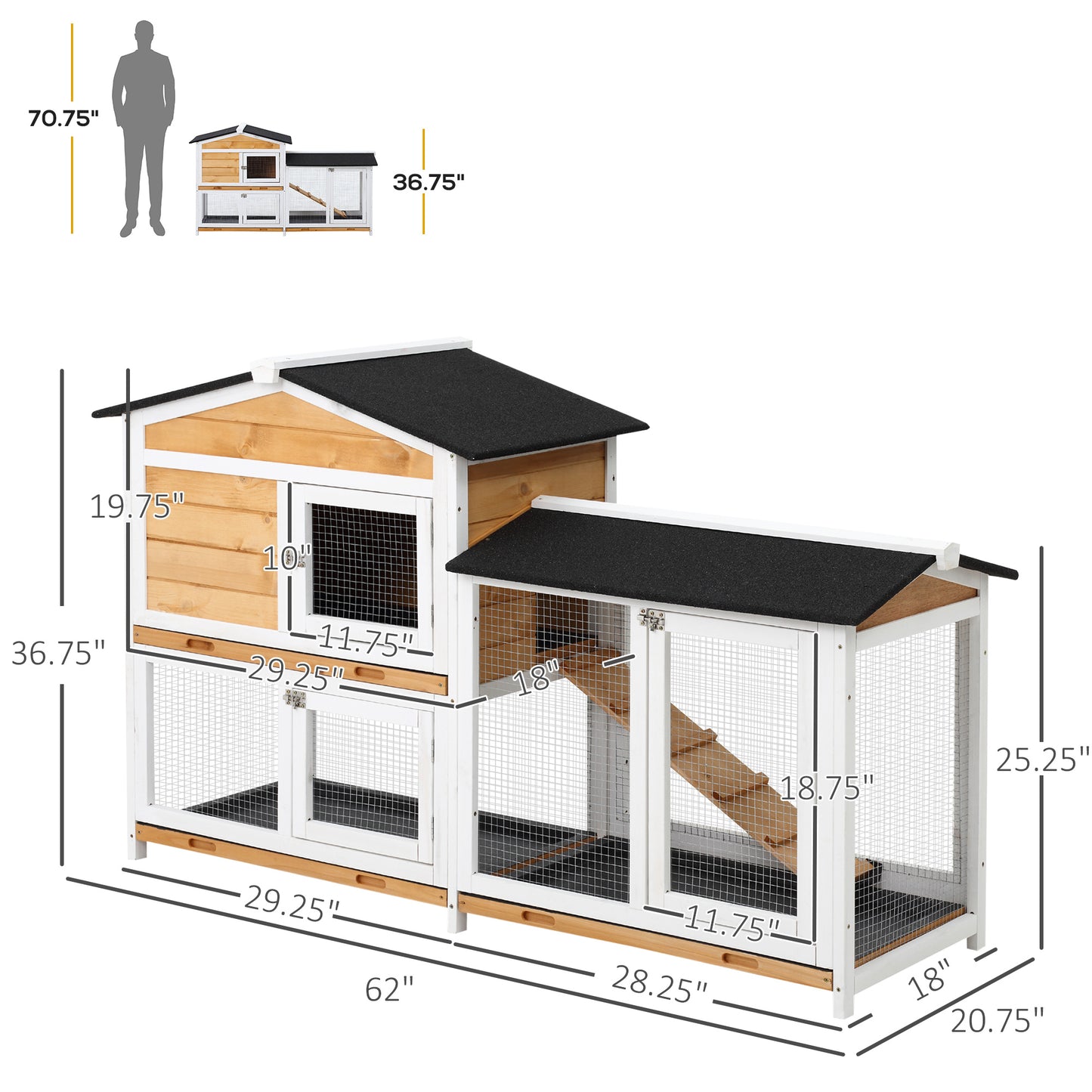 62" Rabbit Hutch, Wooden Bunny Hutch, Guinea Pig Cage, Small Animal Enclosure with Run Area, Removable Tray, Asphalt Roof, Lockable Doors and Ramp, for Rabbits, Chickens, Ducks, Nature Wood