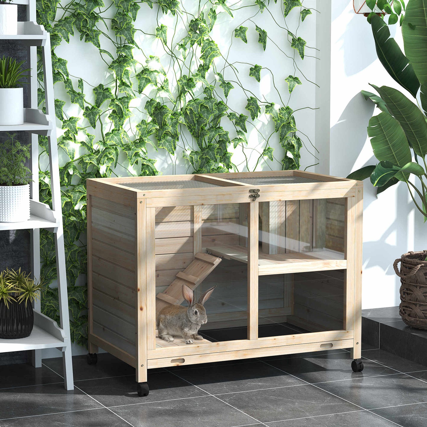PawHut Rabbit Hutch Indoor Wooden Guinea Pig House Hamster Cage With Wheels, 2 Layers Bunny Cage With Openable Roof, 91.5 X 53.3 X 73 Cm, Natural