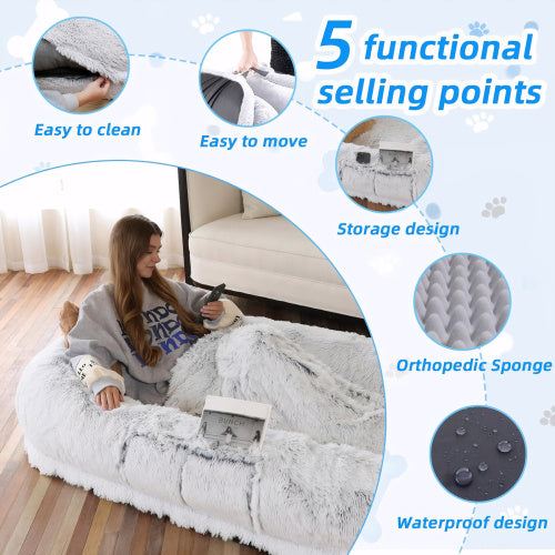 Human Dog Bed, Washable Faux Fur Dog Bed For People Doze Off, Napping Orthopedic Dog Bed,71'x45'x14 Size Fits You And Pets Grey