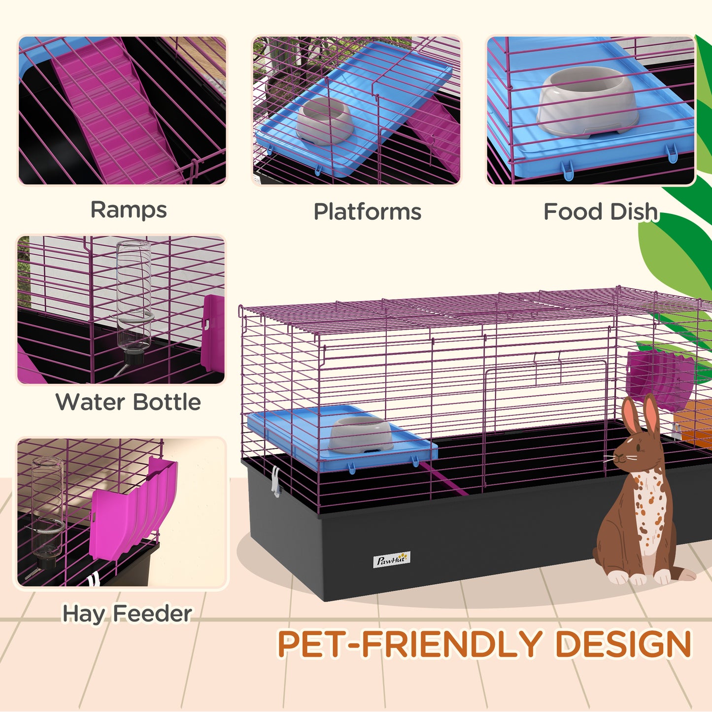 PawHut Chinchillas Small Rabbit Guinea Pig Small Animal Cage, Pet Playhouse, With Platform, Ramp, 99 X 52 X 53cm, Black