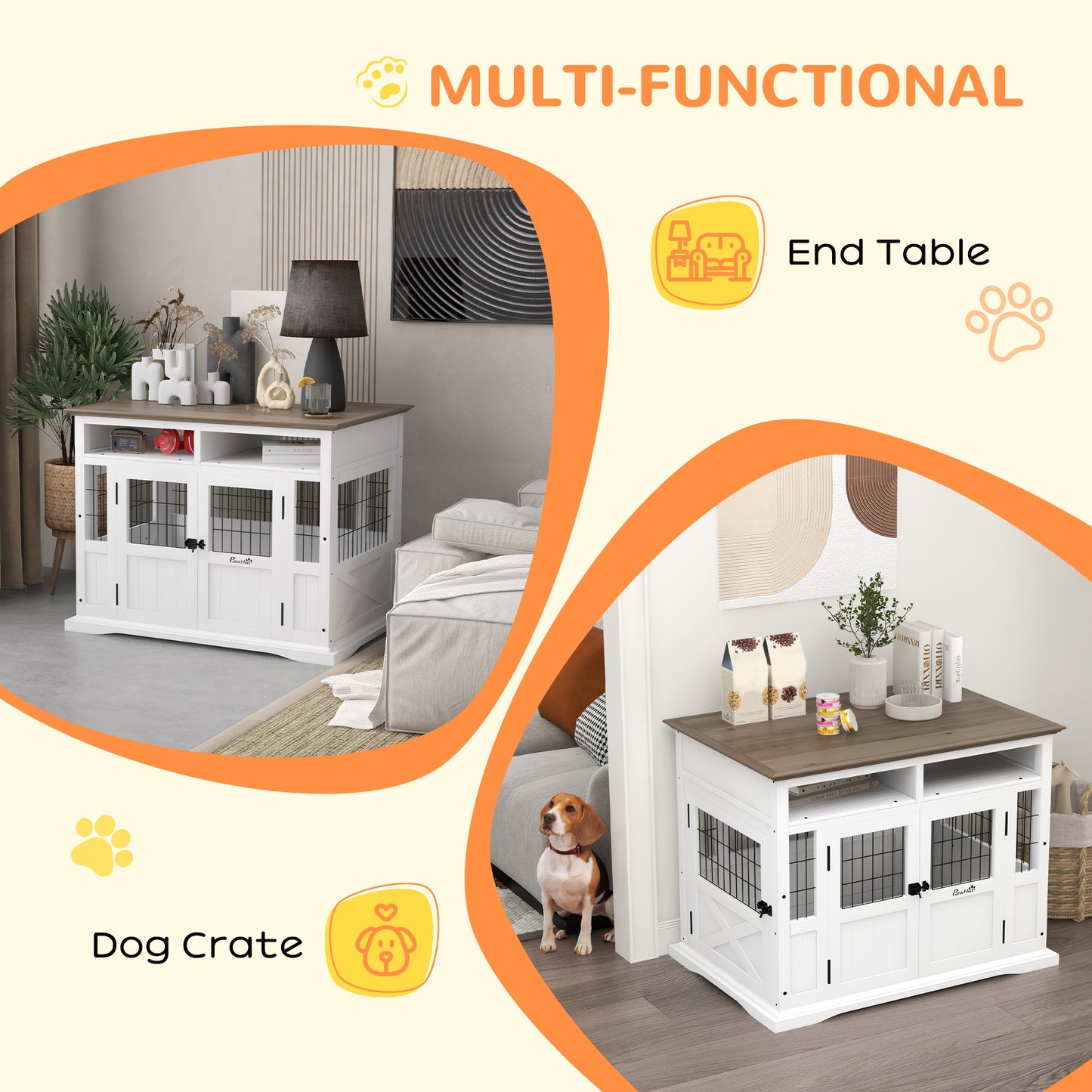 Dog Kennel Furniture Side End Table with Storage, Double Doors for Small and Medium Dogs, White