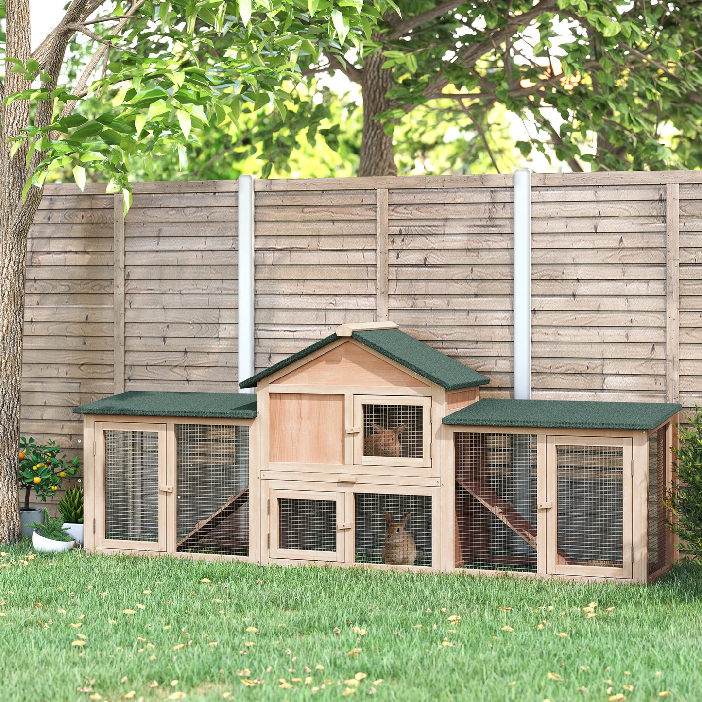 PawHut Large Rabbit Hutch Outdoor Wooden Guinea Pig Hutch With Run, 2 Storey Bunny House 210 X 45.5 X 84.5 Cm