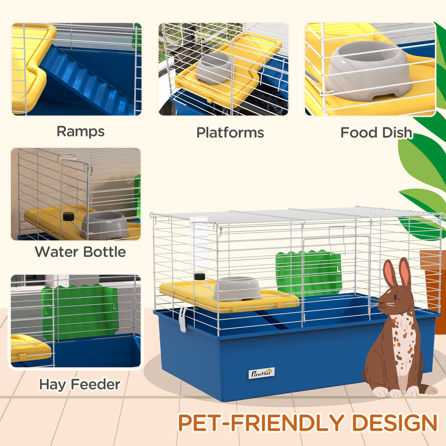 PawHut Chinchillas Small Rabbit Guinea Pig Small Animal Cage, Pet Playhouse, With Platform, Ramp, 71 X 46 X 47cm, Blue