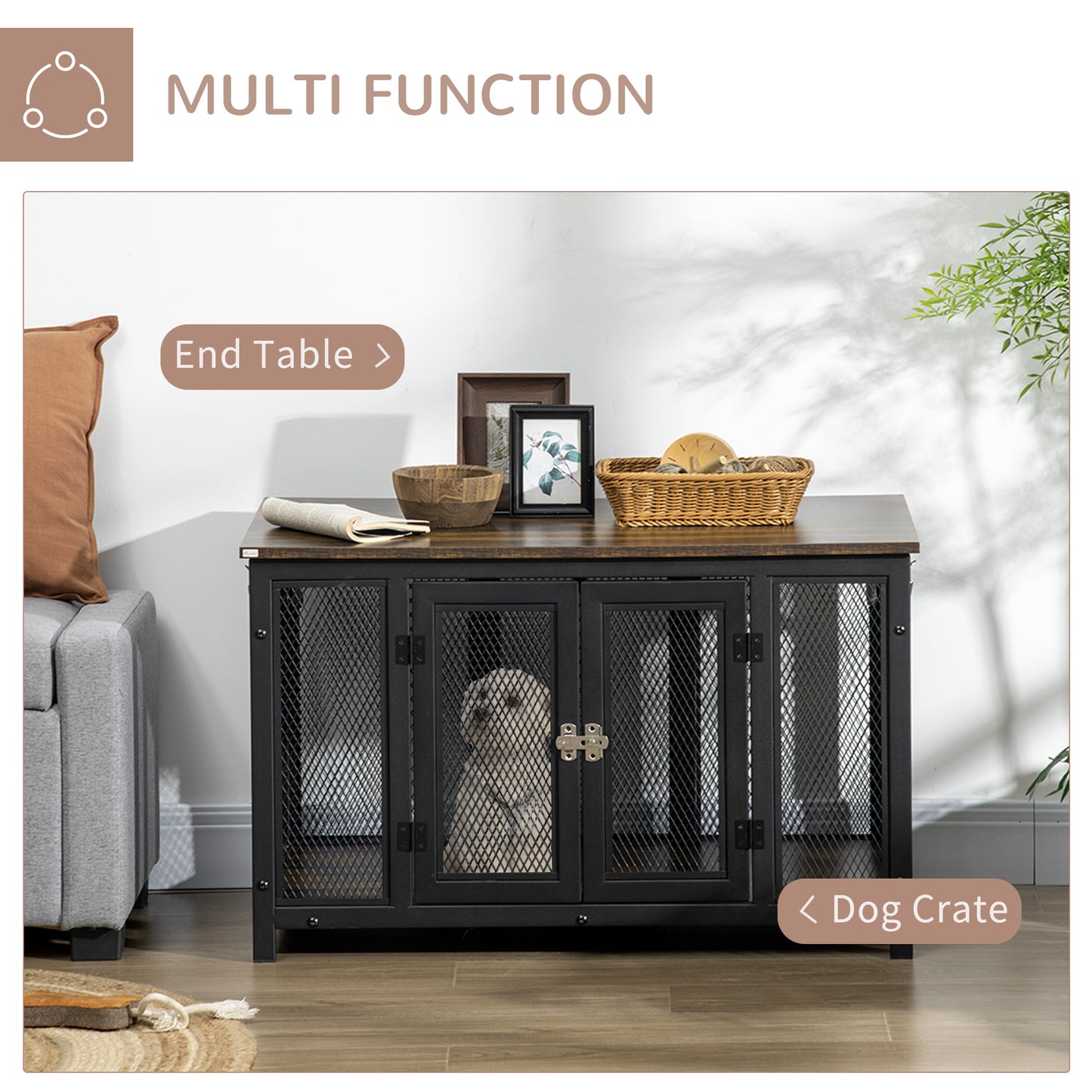 Furniture Style Dog Crate with Openable Top, Big Dog Crate End Table, Puppy Crate for Small Dogs Indoor, Spacious Interior, Pet Kennel, Brown, Black