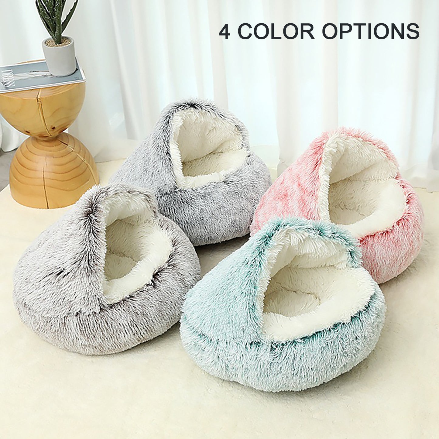 Luxurious Plush Round Cat Bed Cat Bed Round Soft Plush Burrowing Cave Hooded Cat Bed Donut For Dogs Cats - Semi-Enclosed For Cozy Warmth, Easy-Clean