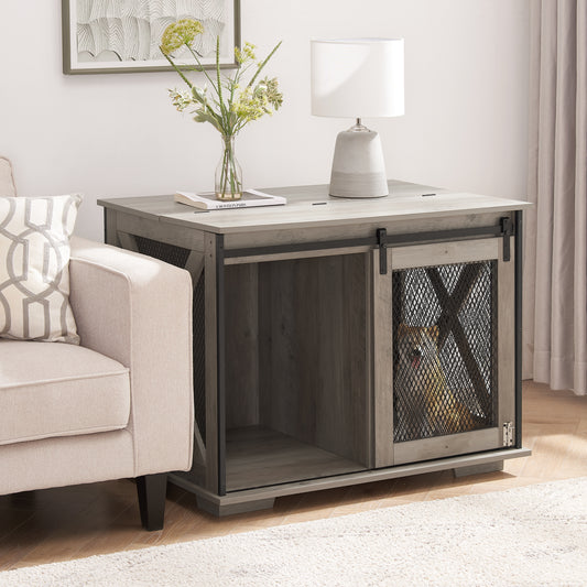 Farmhouse Dog Cage Crate Furniture With Sliding Barn Door,  Farmhouse Wooden Dog Kennel End Table With Flip-top Plate Dog House With Detachable Divider For Small Medium Large Dog Gray