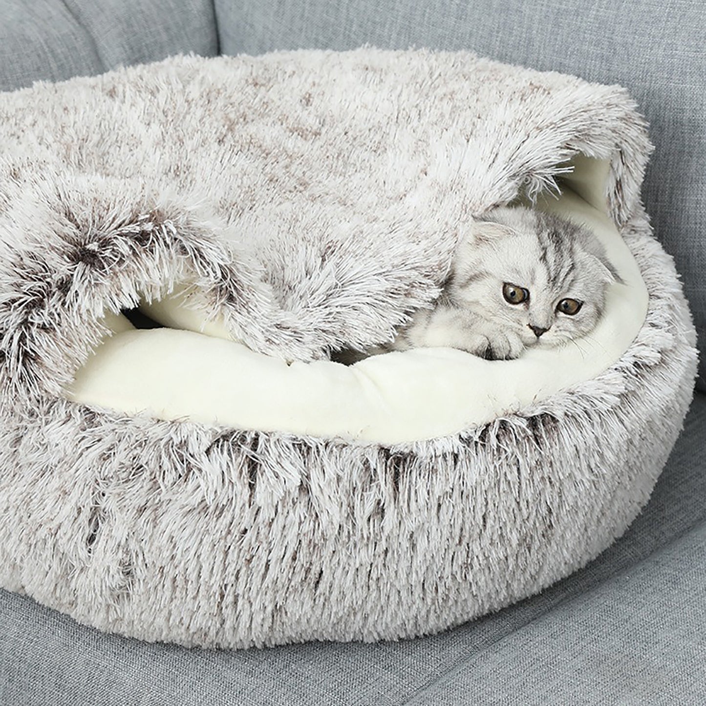 Luxurious Plush Round Cat Bed Cat Bed Round Soft Plush Burrowing Cave Hooded Cat Bed Donut For Dogs Cats - Semi-Enclosed For Cozy Warmth, Easy-Clean