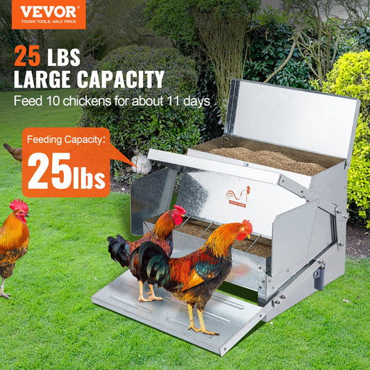 Automatic Chicken Feeder, 25 Lbs Capacity Feeds 10 Chickens Up To 11 Days, Galvanized Steel Poultry Feeder
