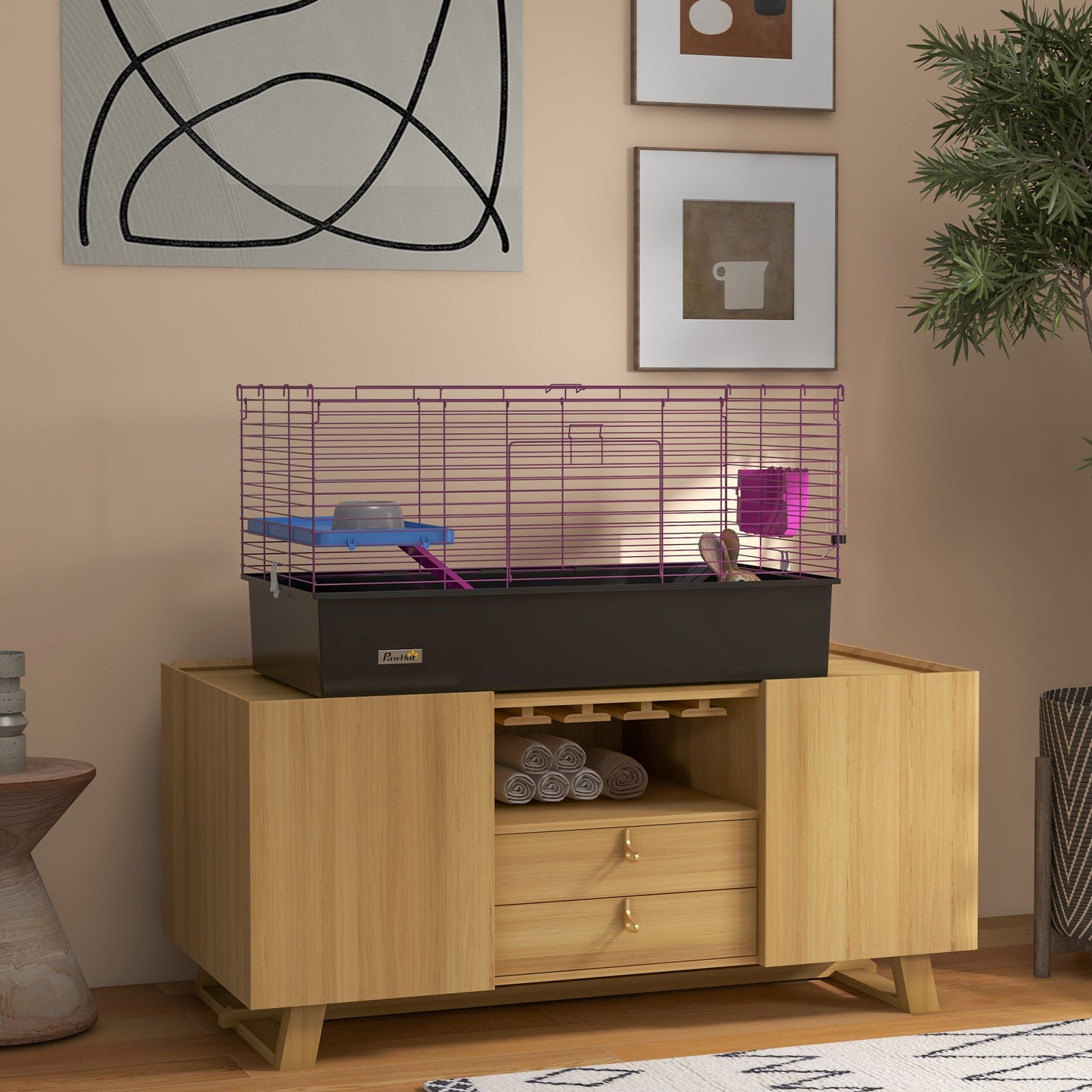PawHut Chinchillas Small Rabbit Guinea Pig Small Animal Cage, Pet Playhouse, With Platform, Ramp, 99 X 52 X 53cm, Black