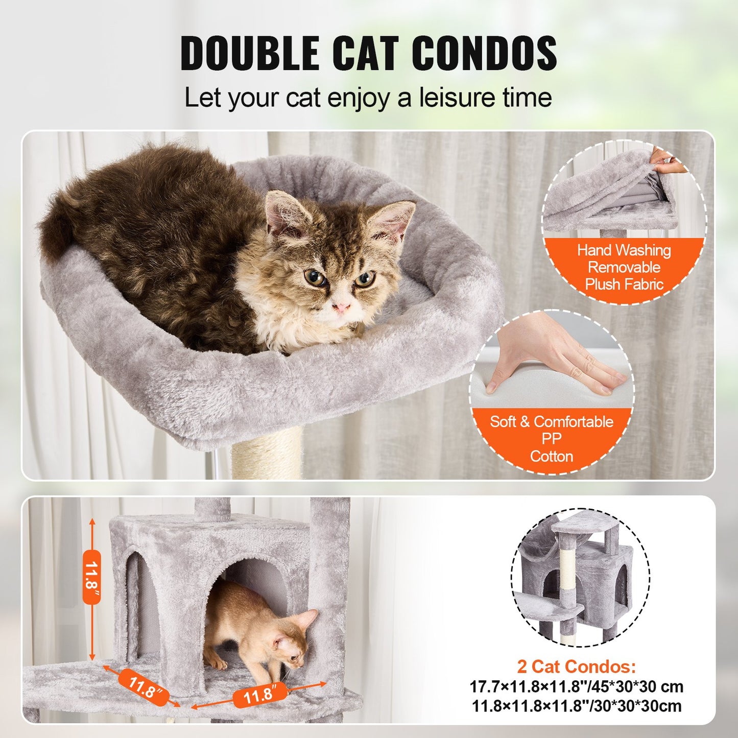 Cat Tree For Indoor Cats, 72" Cat Tower With 2 Cat Condos, Sisal Scratching Post, Hammock, Top Perch, Jumping Platforms, Large Cat Furniture Activity Center With Hang Ball, Light Grey