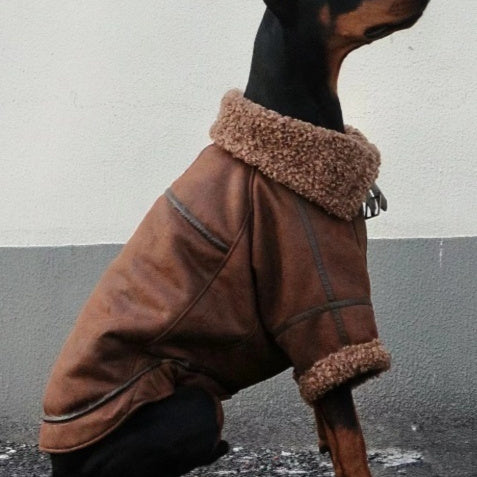 Winter Plus Velvet Pet Lapel Leather Coat For Big Dogs