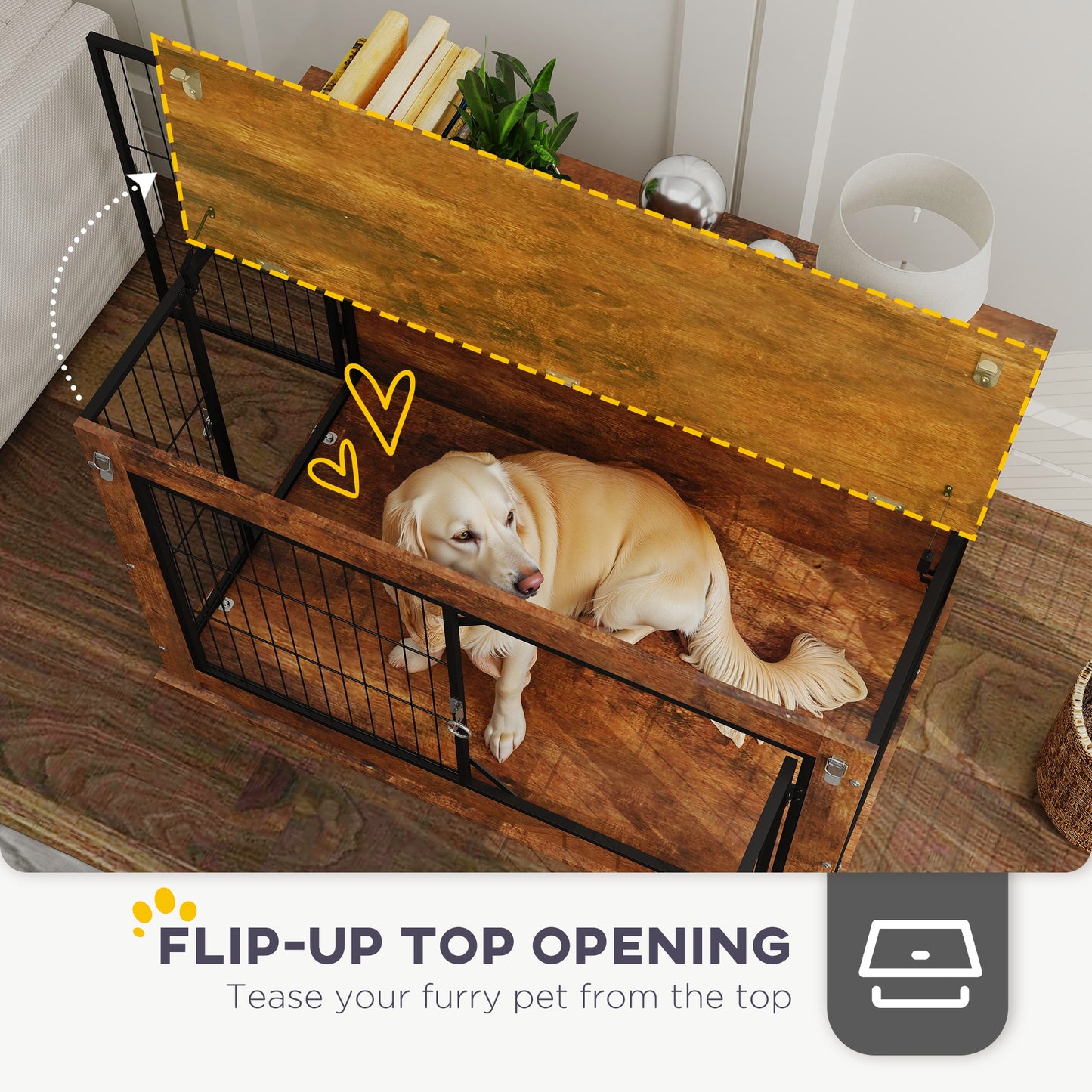 39" Dog Crate Furniture with Flip-up Top Opening, 2 Doors, Dog Kennel Furniture for Large Dogs, Rustic Brown