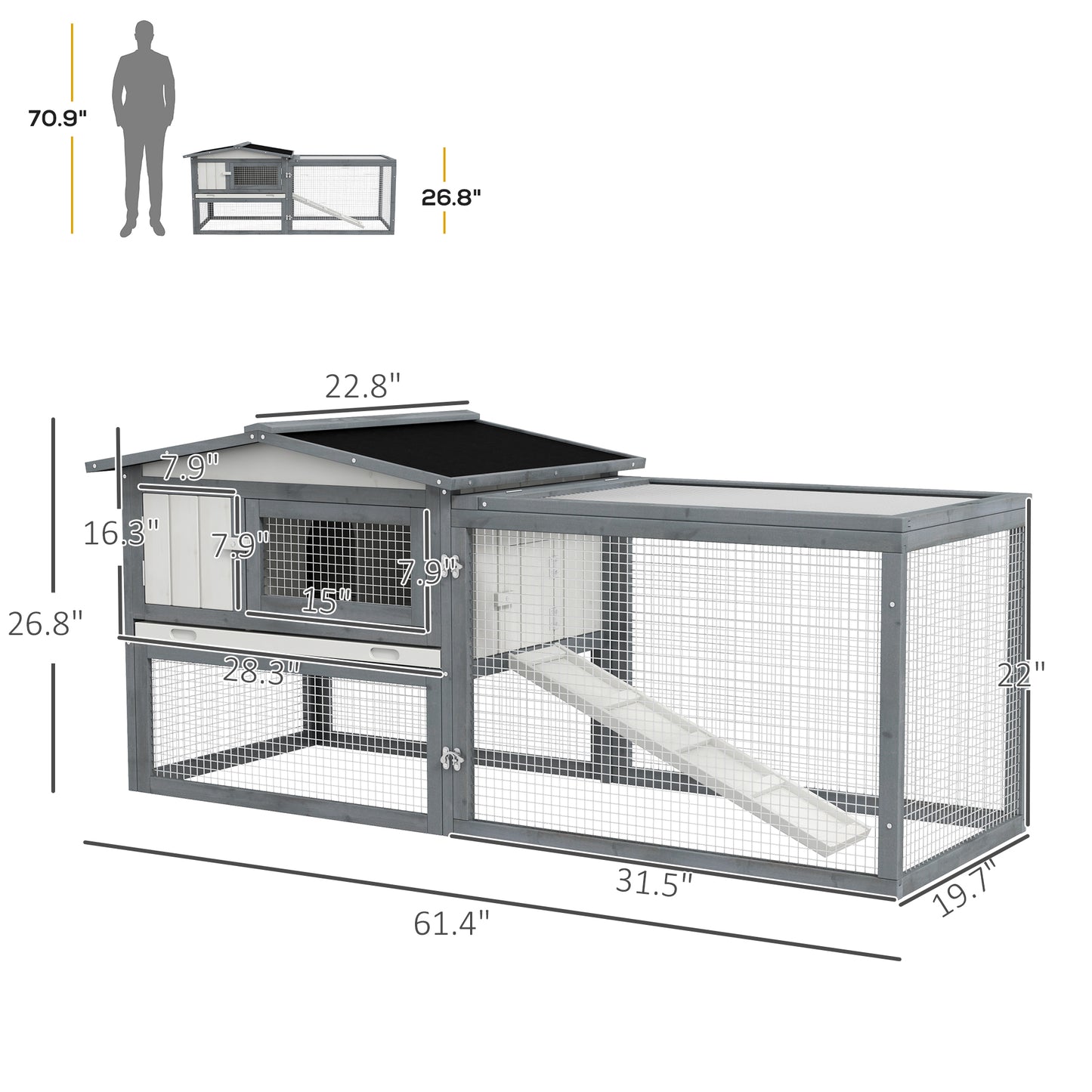 Large Rabbit Cage Outdoor 61"L Guinea Pig Hutch W/ Run Feeding Trough Removable Tray Ramp Asphalt Roof, White