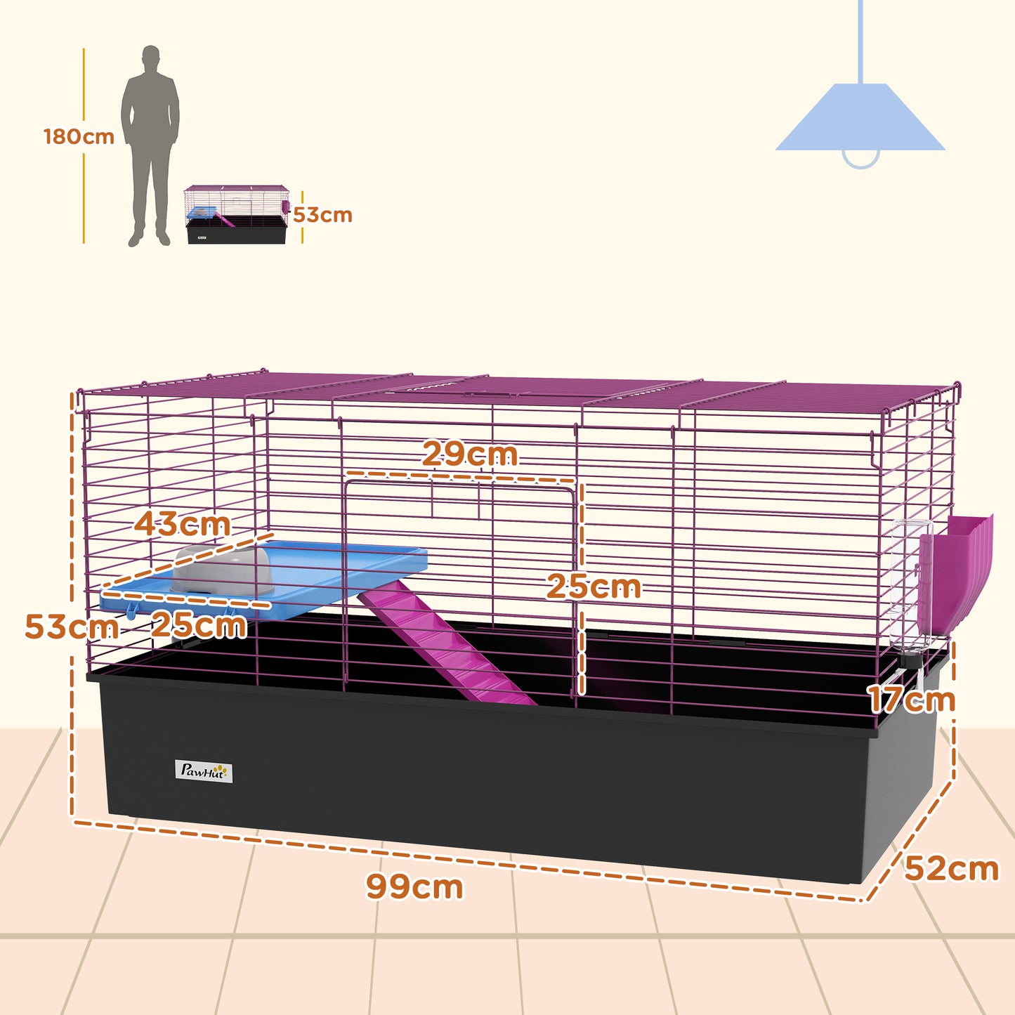 PawHut Chinchillas Small Rabbit Guinea Pig Small Animal Cage, Pet Playhouse, With Platform, Ramp, 99 X 52 X 53cm, Black