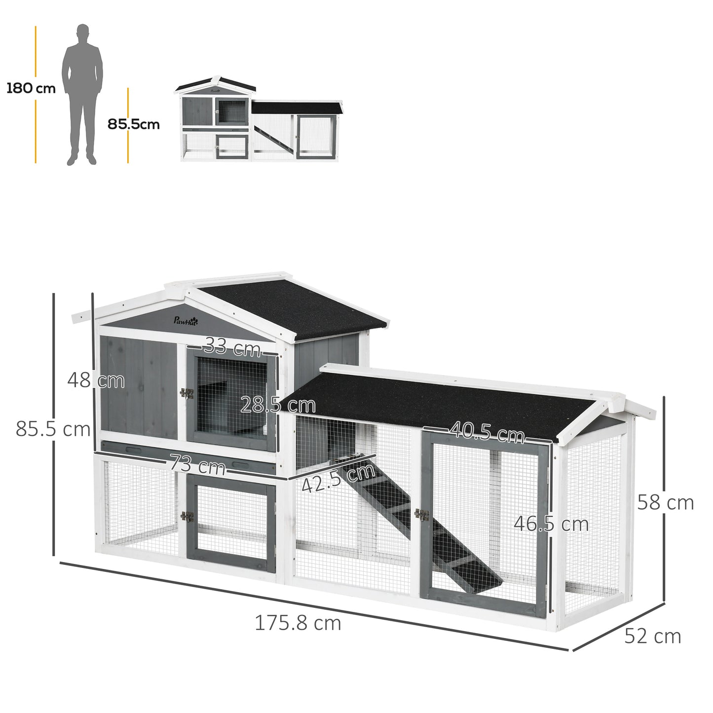 PawHut Rabbit Hutch Outdoor, 2-Tier Guinea Pig Hutch, Wooden Small Animal House With Rabbit Run Box, Slide-out Tray, Ramp, 175.8 X 52 X 85.5 Cm, White