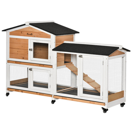 PawHut Rabbit Hutch Outdoor With Run Guinea Pig Hutch 2-Tier Bunny Cage W/ Wheels No-Leak Plastic Tray 157.4 X 53 X 99.5 Cm - Yellow