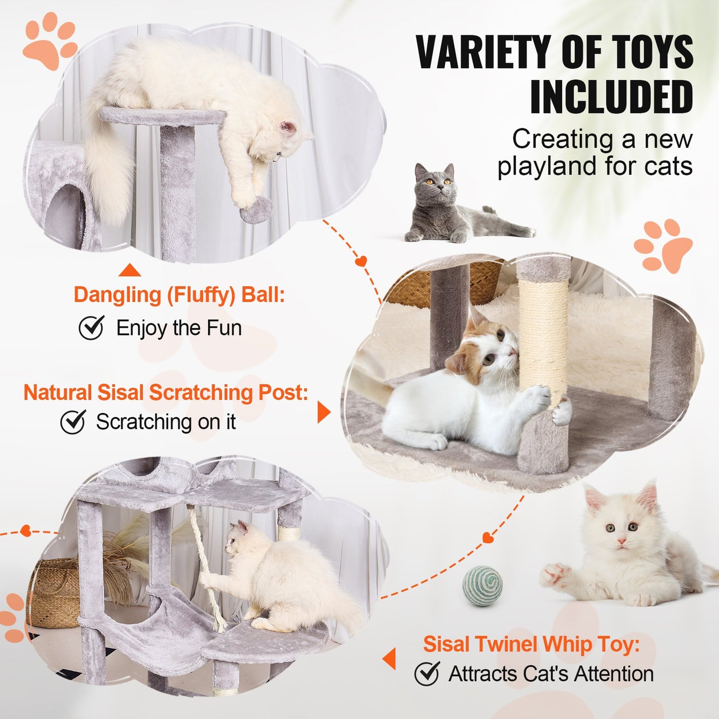 Cat Tree For Indoor Cats, 56.2" Cat Tower With Cat Condo, Sisal Scratching Post, Hammock, Top Perch, Jumping Platforms, Large Cat House With Hang Ball, Cat Furniture Activity Center, Light Grey