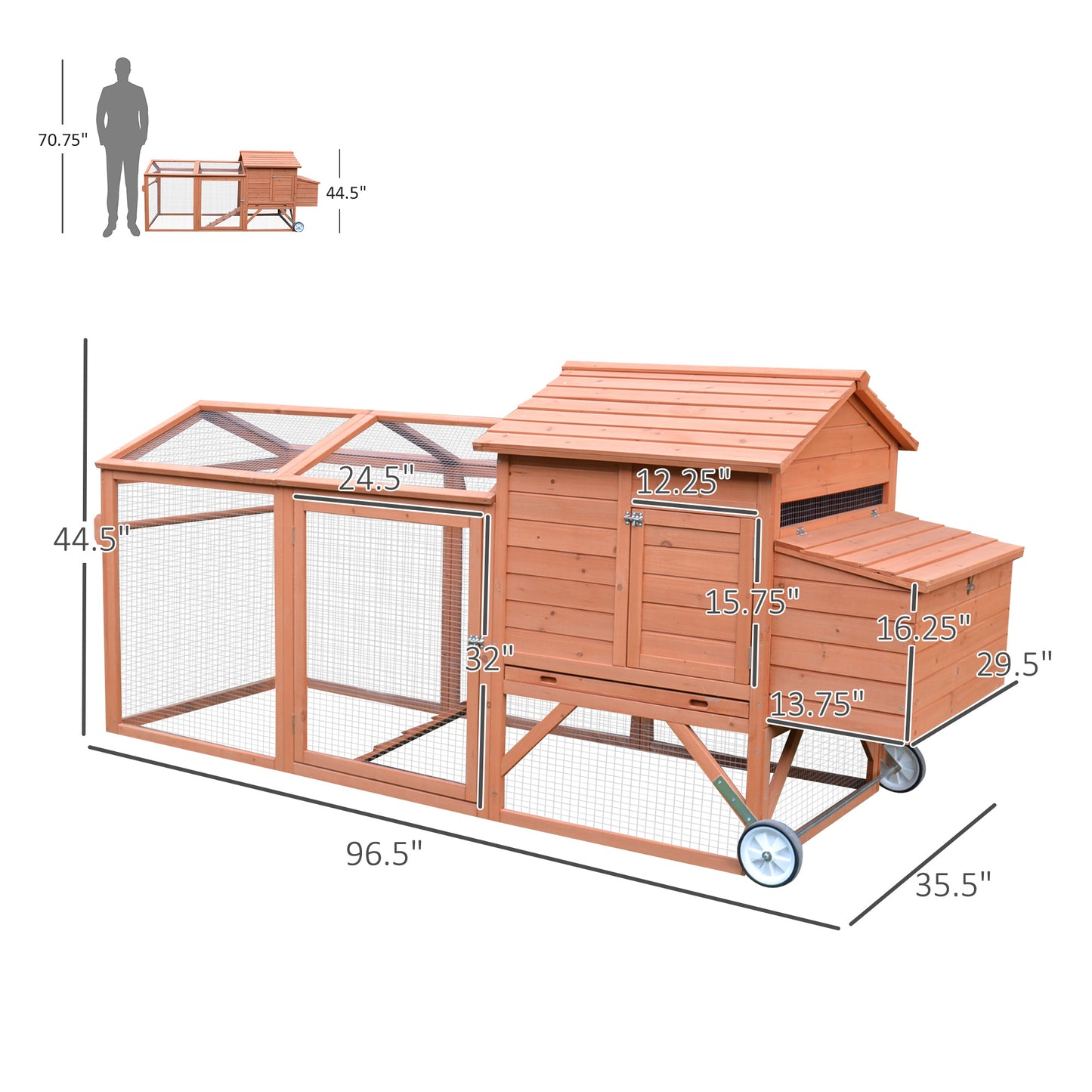 96.5" Chicken Coop Hen House Poultry Cage Pen Portable with Wheels and Nesting Box