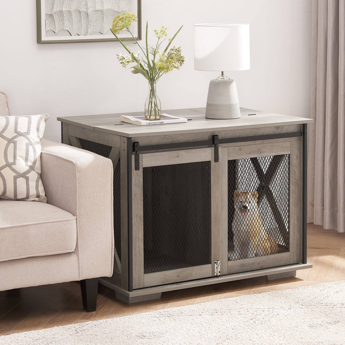 Farmhouse Dog Cage Crate Furniture With Sliding Barn Door,  Farmhouse Wooden Dog Kennel End Table With Flip-top Plate Dog House With Detachable Divider For Small Medium Large Dog Gray