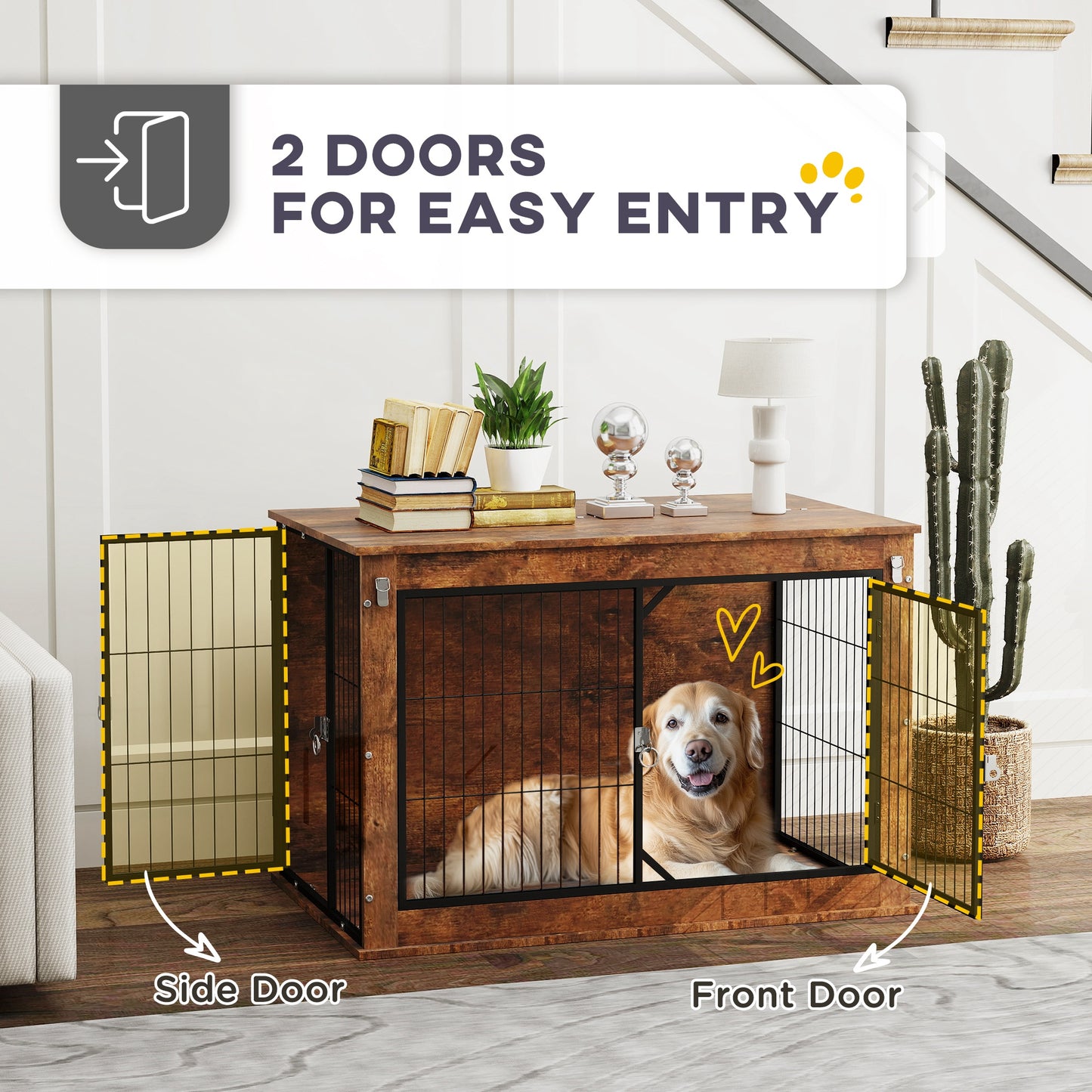 39" Dog Crate Furniture with Flip-up Top Opening, 2 Doors, Dog Kennel Furniture for Large Dogs, Rustic Brown