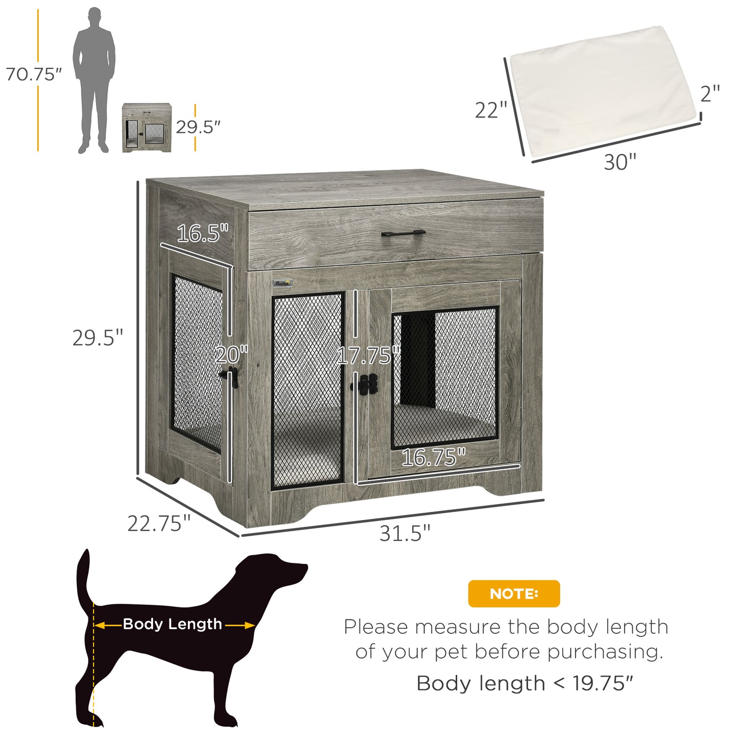 Dog Crate Furniture with Soft Water-Resistant Cushion, Dog Kennel End Table with Drawer, Puppy Crate for Small Dogs Indoor with 2 Doors, Gray