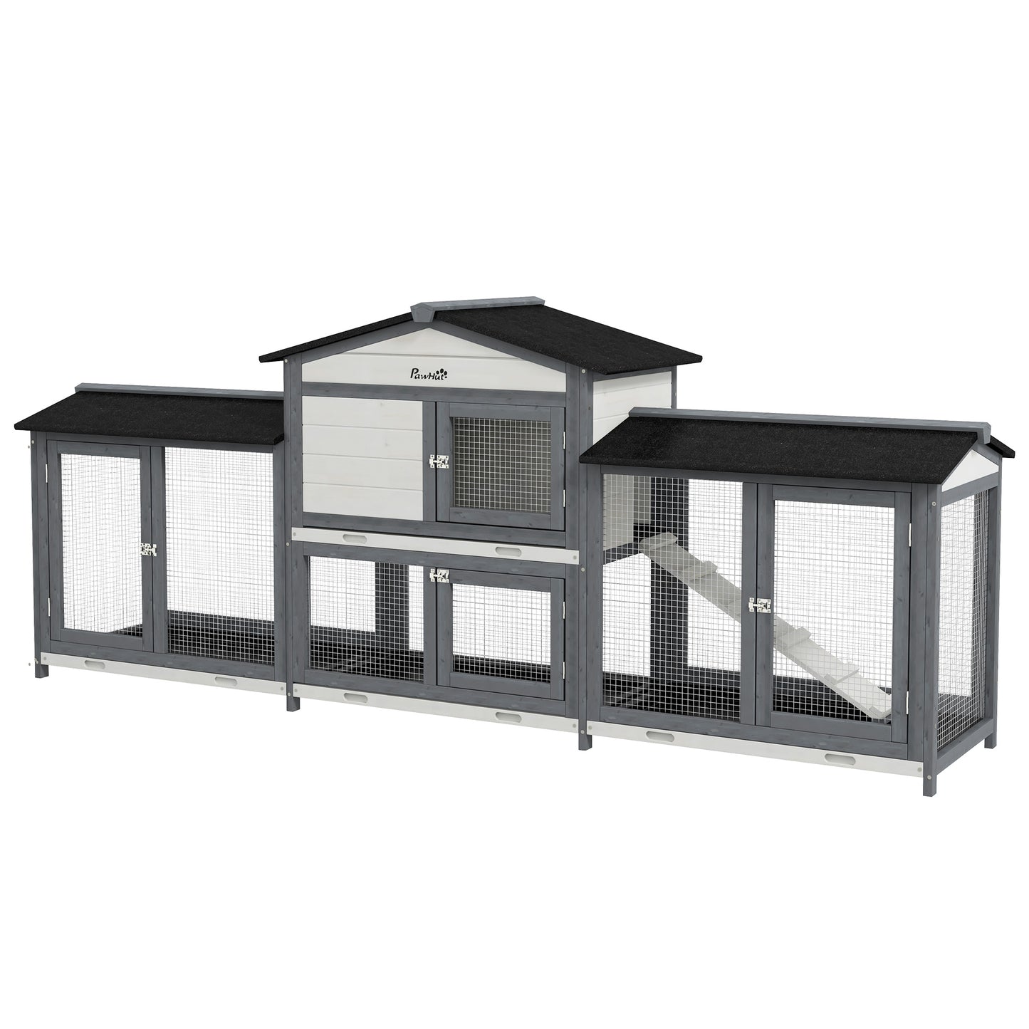 90.5" Wooden Rabbit Hutch Bunny Cage Pet Playpen House Enclosure with Double Side Run Boxes, No Leak Tray, Ramp, for Rabbits, Chickens, Ducks, Guinea Pig and Small Animals, Light Gray