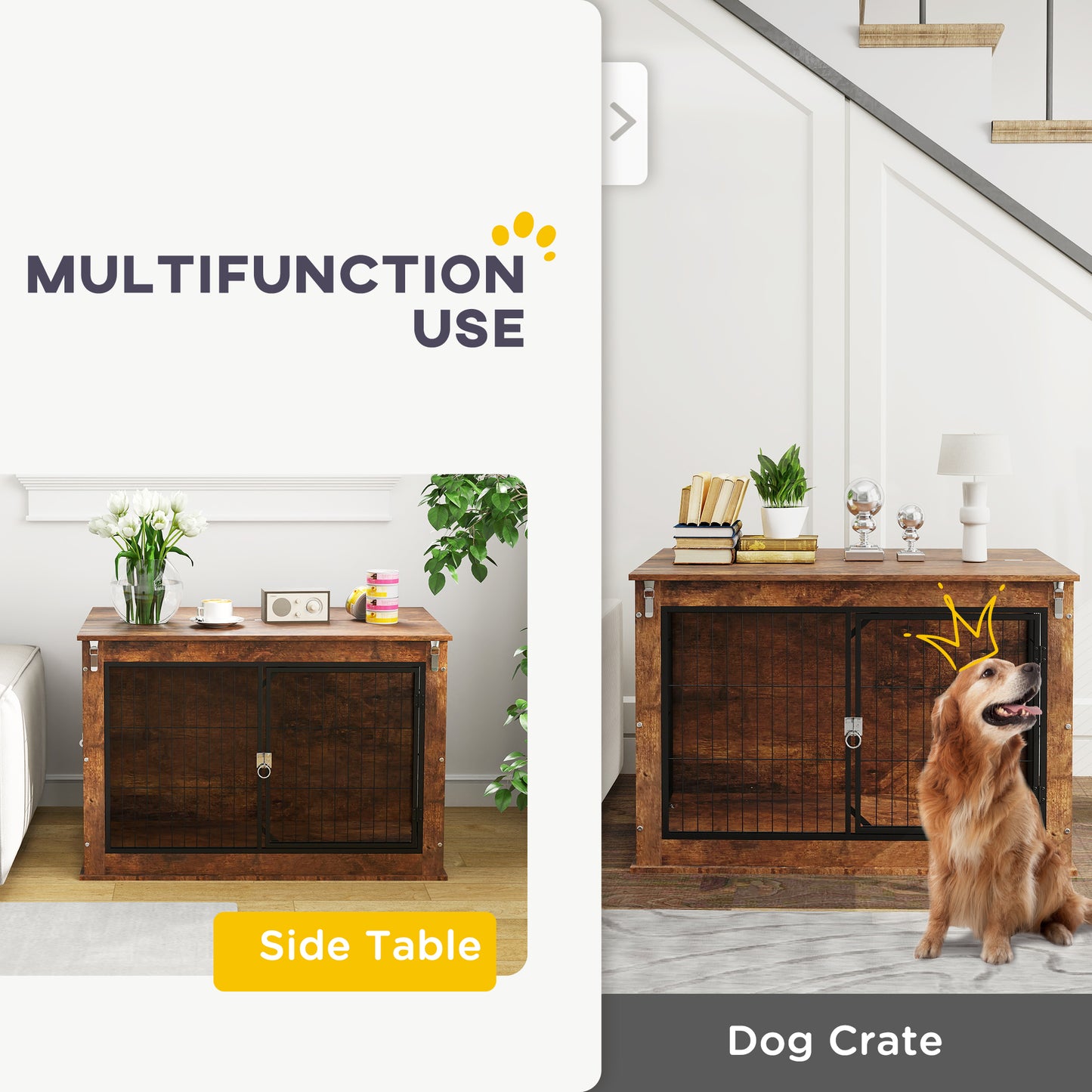 39" Dog Crate Furniture with Flip-up Top Opening, 2 Doors, Dog Kennel Furniture for Large Dogs, Rustic Brown