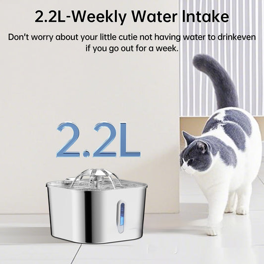 2.2L Stainless Steel Pet Cat Water Fountain Dogs And Cats Water Feeder