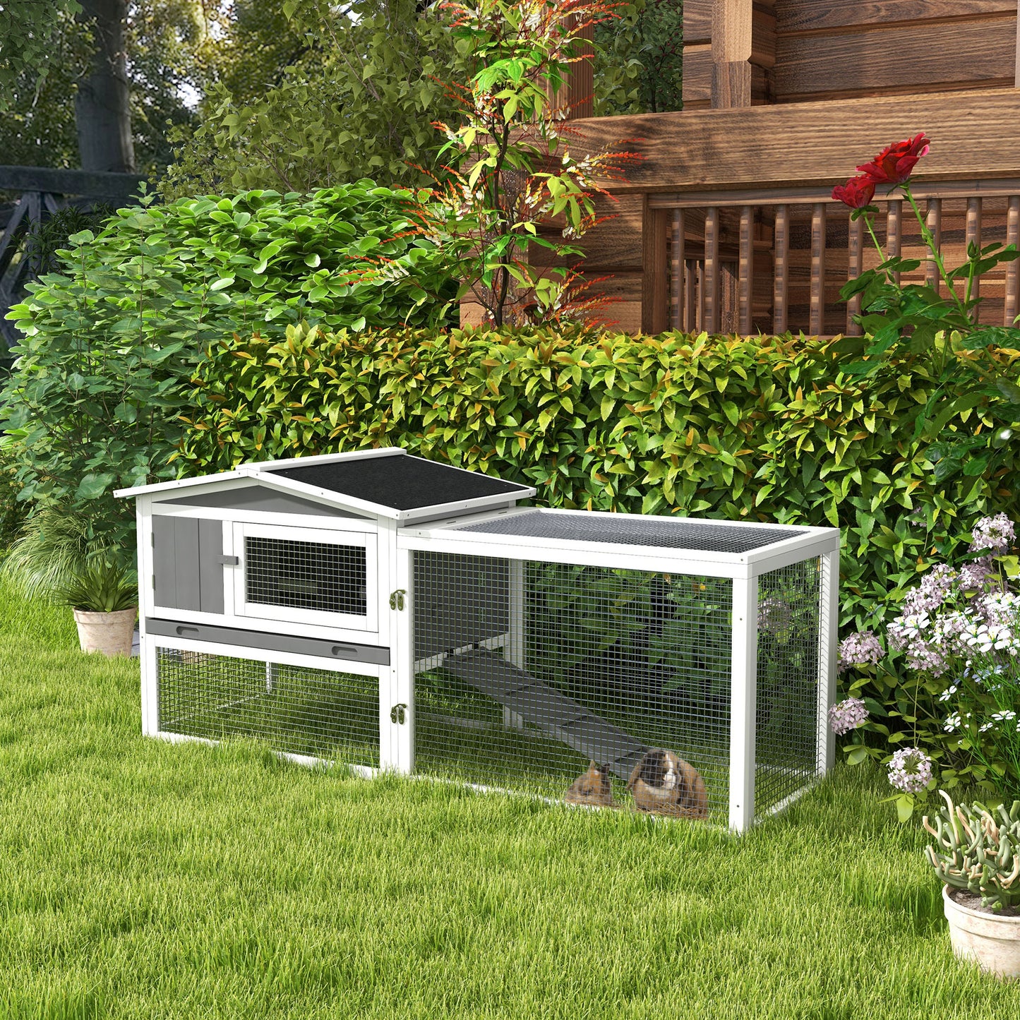 PawHut Rabbit Hutch With Run Wooden Guinea Pig Hutch Outdoor Bunny Cage Hide House With Sliding Tray, Hay Rack, Ramp, 156 X 58 X 68cm, Grey