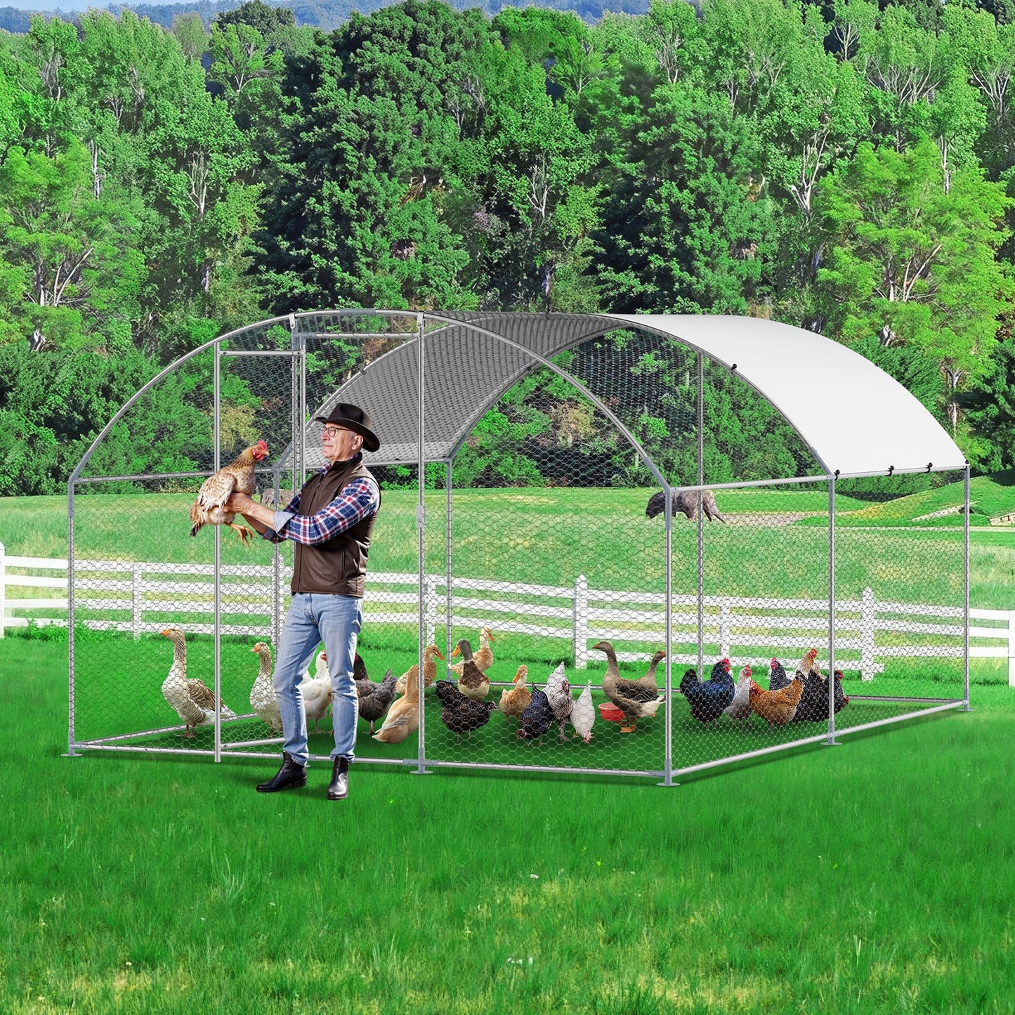 Metal Chicken Coop 9.8x13.1x6.5 Ft Walk-in Chicken Run With Cover Doom Roof
