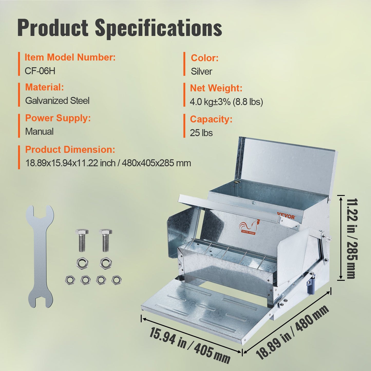 Automatic Chicken Feeder, 25 Lbs Capacity Feeds 10 Chickens Up To 11 Days, Galvanized Steel Poultry Feeder