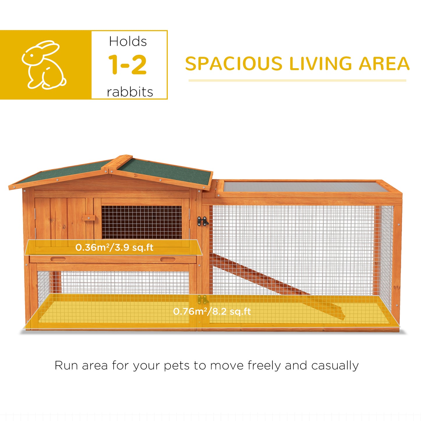 PawHut Rabbit Hutch With Run Wooden Guinea Pig Hutch Outdoor Bunny Cage Hide House With Sliding Tray, Hay Rack, Ramp, 156 X 58 X 68cm, Orange