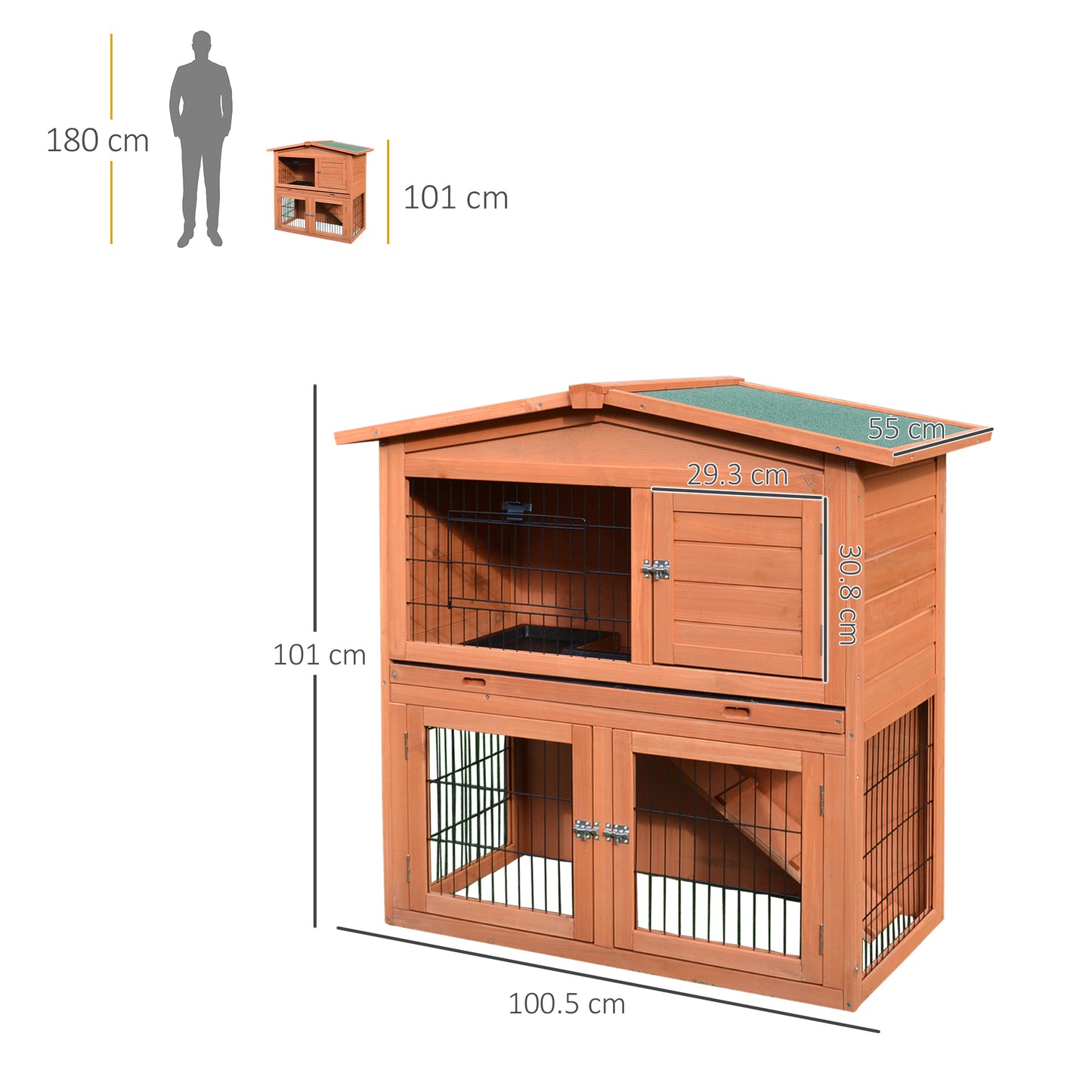 PawHut Rabbit Hutch Outdoor Guinea Pig Hutch 2-Tier Bunny Cage With No-Leak Tray 100.5 X 55 X 101 Cm