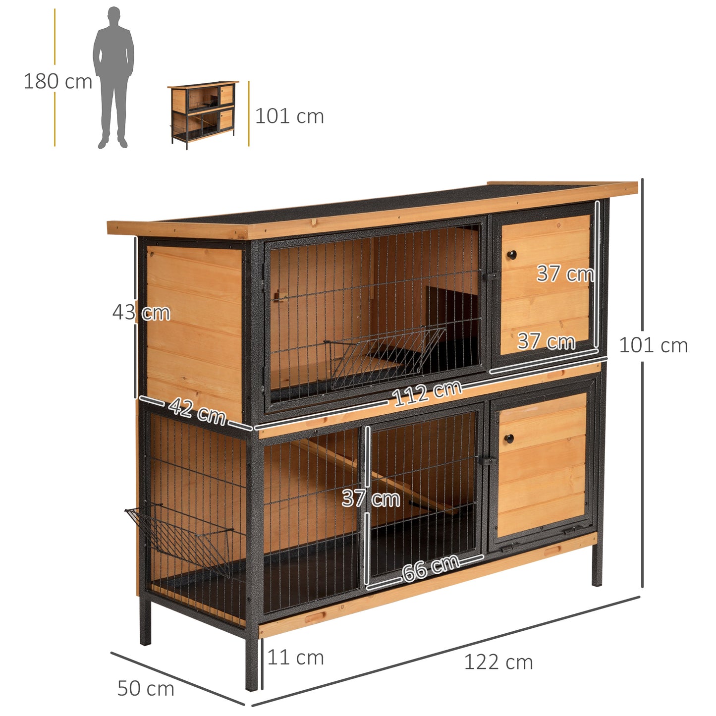 PawHut Rabbit Hutch Outdoor Guinea Pig Hutch Bunny Cage Metal Frame With No-Leak Tray Openable Roof Light Yellow 122 X 50 X 101cm