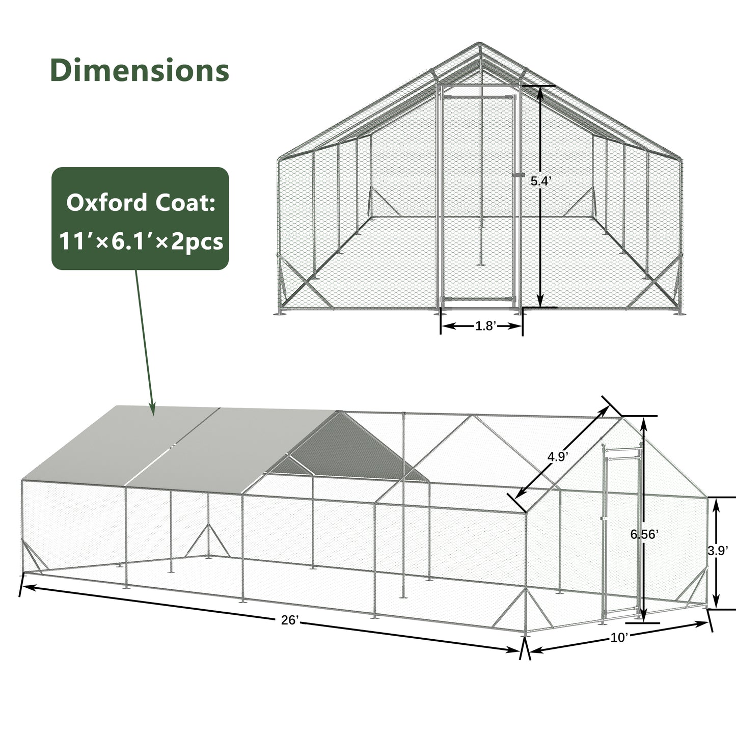 Large Metal Chicken Coop, Walk-in Chicken Run, Galvanized Wire Poultry Chicken Hen Pen Cage, Rabbits Duck Cages With Waterproof And Anti-Ultraviolet Cover For Outside