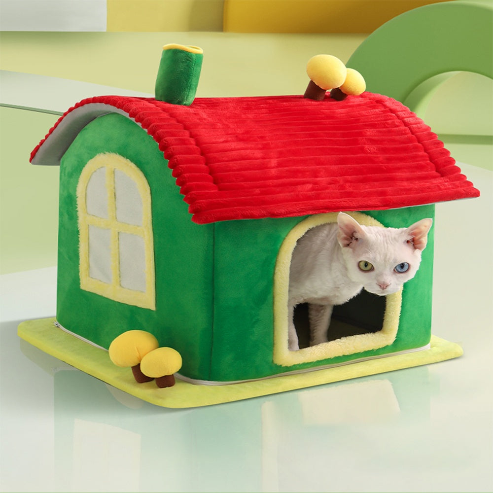 Cat Bed Indoor Enclosed Warm Cave - Cat Bed With Removable Cleaning Mat, Ample Interior Space, Comfortable And Soft Pet House, Red And Green