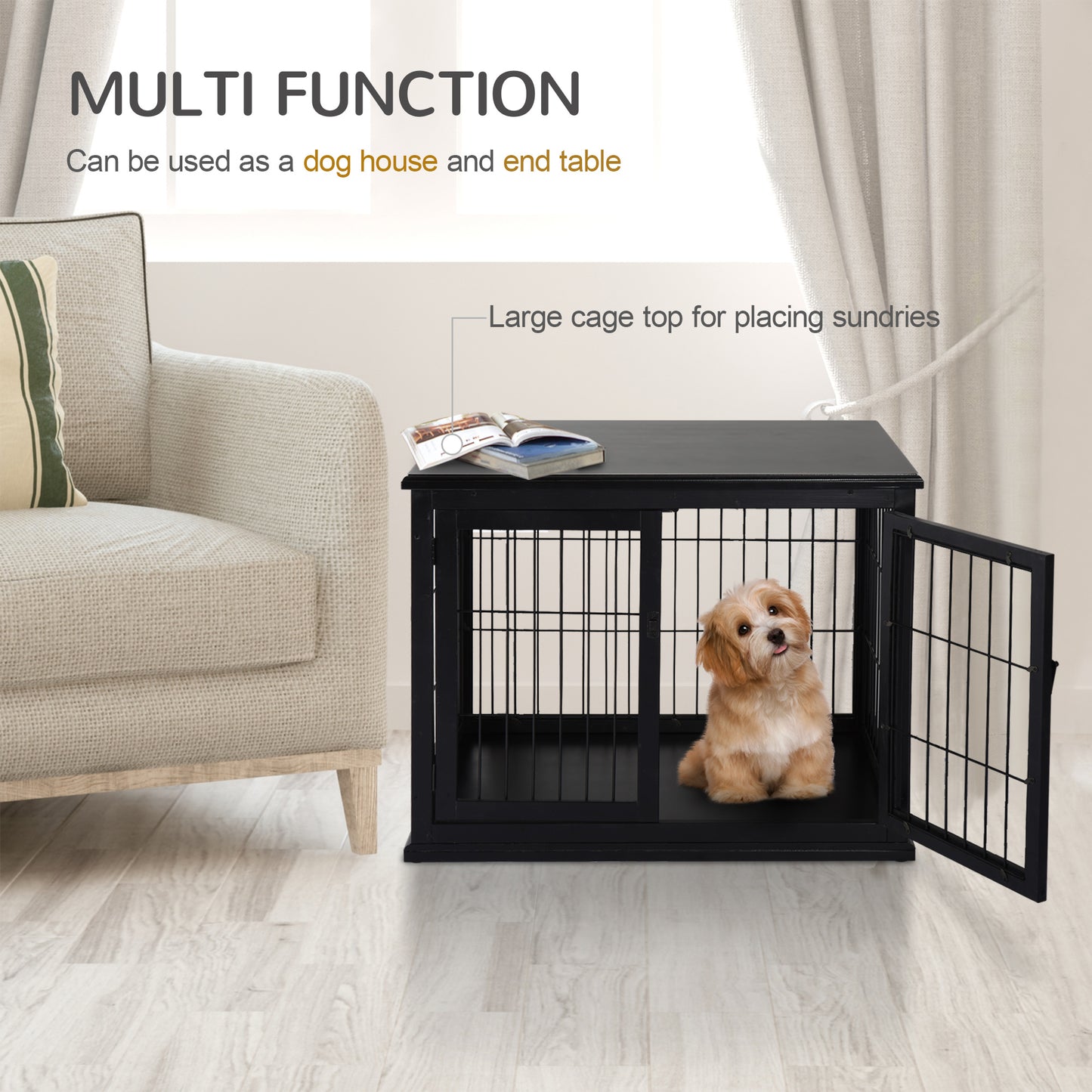 Dog Crate Furniture, 32" Small Dog Cage End Table with 2 Doors, Lockable Door, Puppy Kennel Indoor, Black