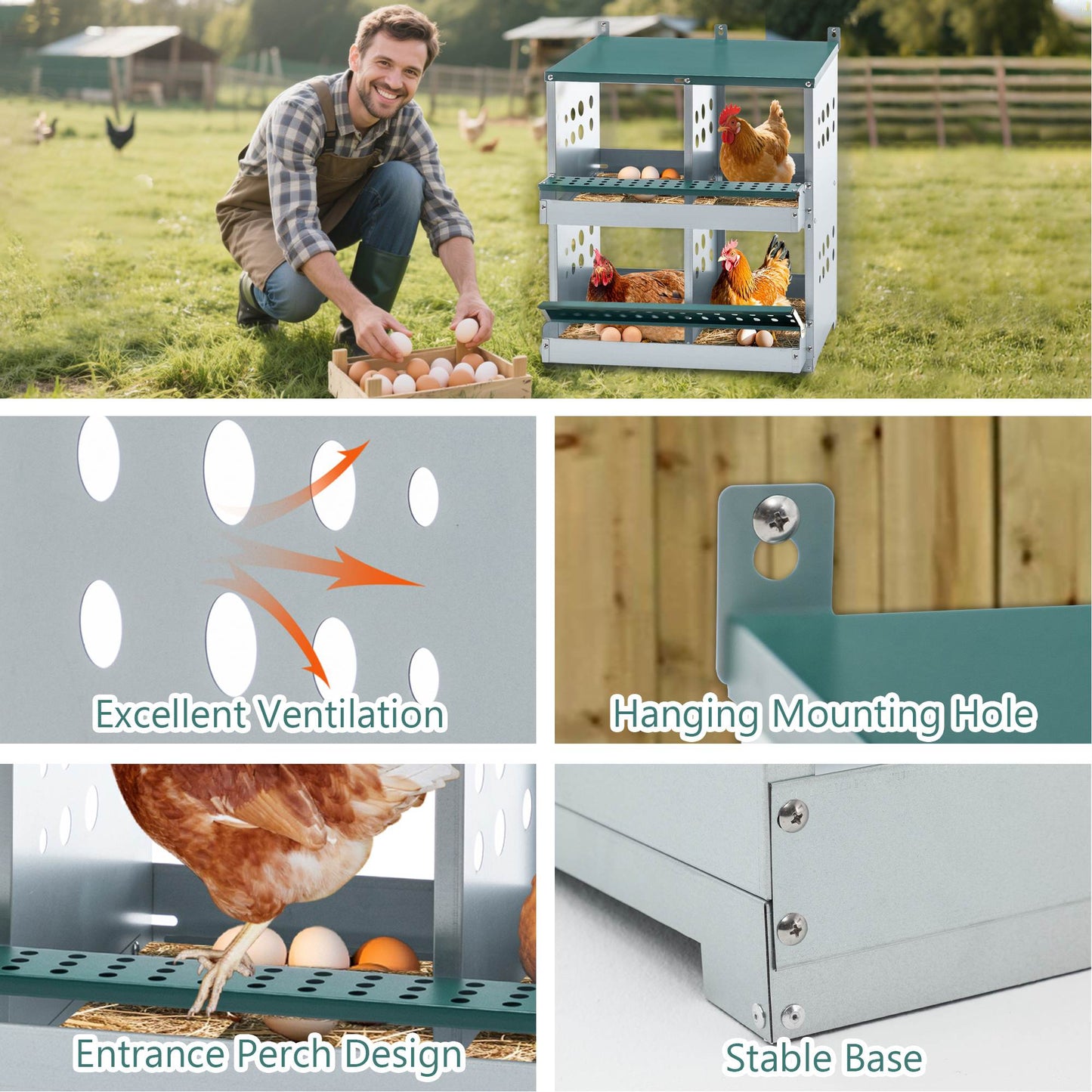 4 Compartment Chicken Nesting Boxes, Metal Nesting Boxes Wall Mount Chicken Egg Laying Box For Different Chicken Breeds