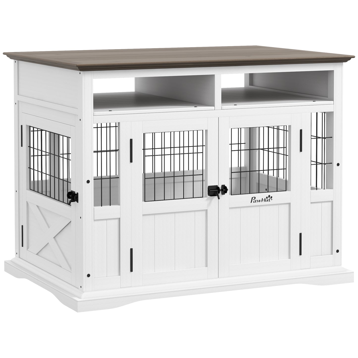Dog Kennel Furniture Side End Table with Storage, Double Doors for Small and Medium Dogs, White