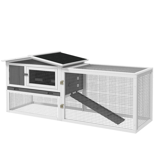 PawHut Rabbit Hutch With Run Wooden Guinea Pig Hutch Outdoor Bunny Cage Hide House With Sliding Tray, Hay Rack, Ramp, 156 X 58 X 68cm, Grey