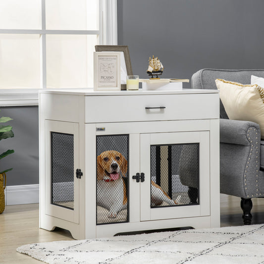 Dog Crate Furniture with Soft Water-Resistant Cushion, Dog Kennel End Table with Drawer, Puppy Crate for Small Dogs Indoor with 2 Doors, White