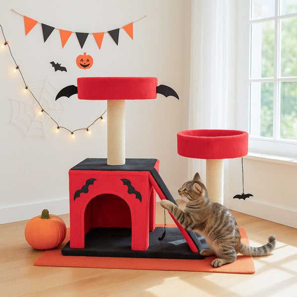 Halloween Cat Climbing Frame Gothic Cat Tree, Cat Tower With Spacious Cat Condo, 2 Padded Perches, Spider Toy, Scratching Posts, Scratching Ladder