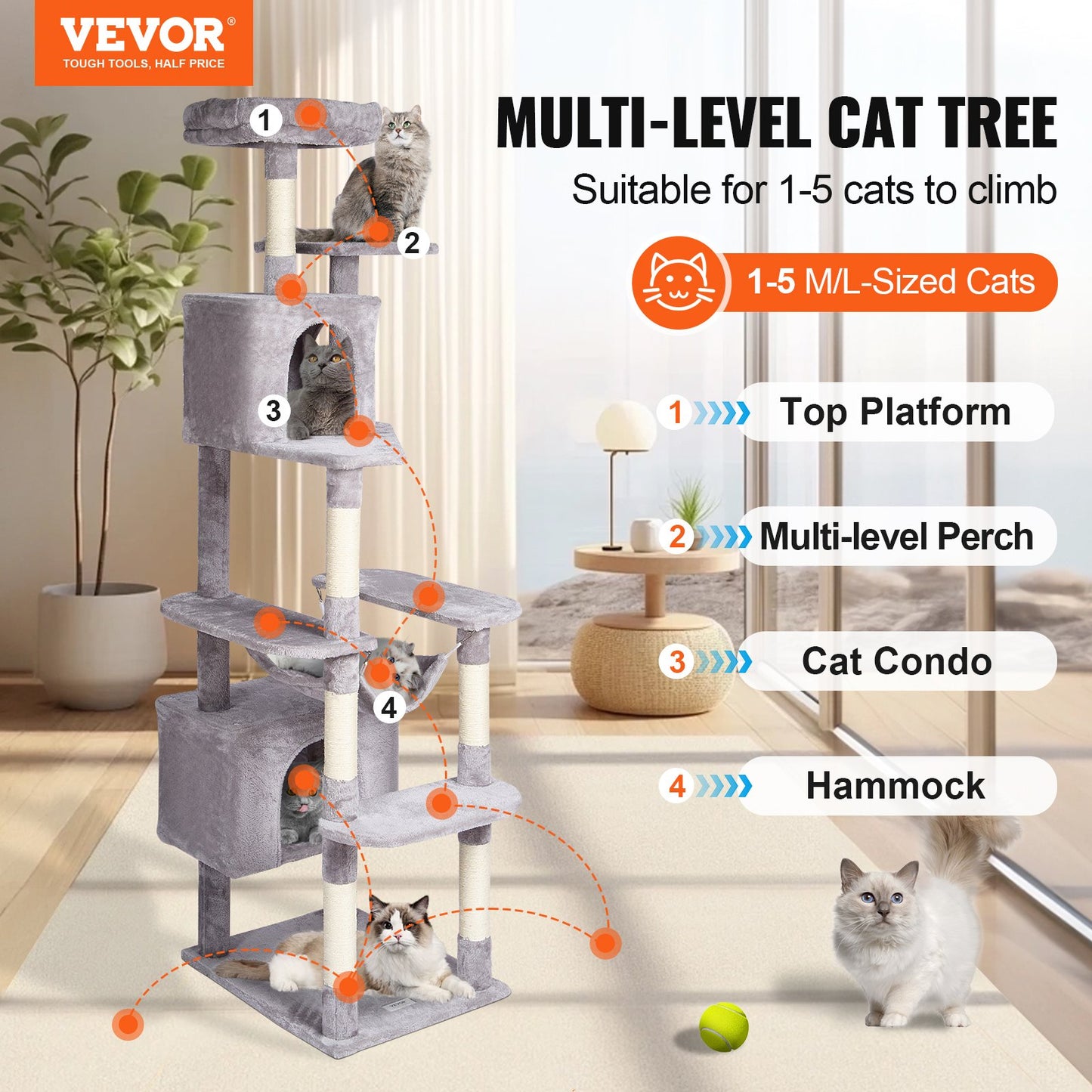 Cat Tree For Indoor Cats, 72" Cat Tower With 2 Cat Condos, Sisal Scratching Post, Hammock, Top Perch, Jumping Platforms, Large Cat Furniture Activity Center With Hang Ball, Light Grey