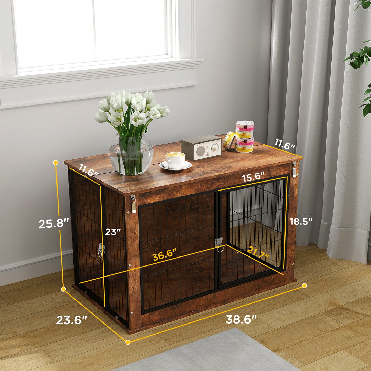 39" Dog Crate Furniture with Flip-up Top Opening, 2 Doors, Dog Kennel Furniture for Large Dogs, Rustic Brown