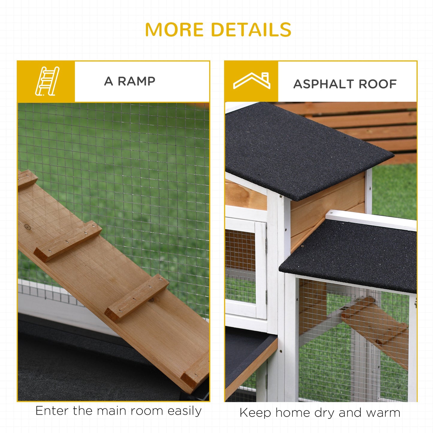 62" Rabbit Hutch, Wooden Bunny Hutch, Guinea Pig Cage, Small Animal Enclosure with Run Area, Removable Tray, Asphalt Roof, Lockable Doors and Ramp, for Rabbits, Chickens, Ducks, Nature Wood
