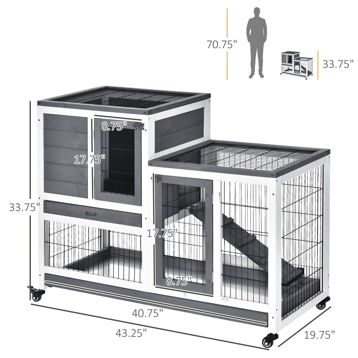 Rabbit Hutch Elevated Bunny Cage Indoor Small Animal Habitat with Enclosed Run with Wheels