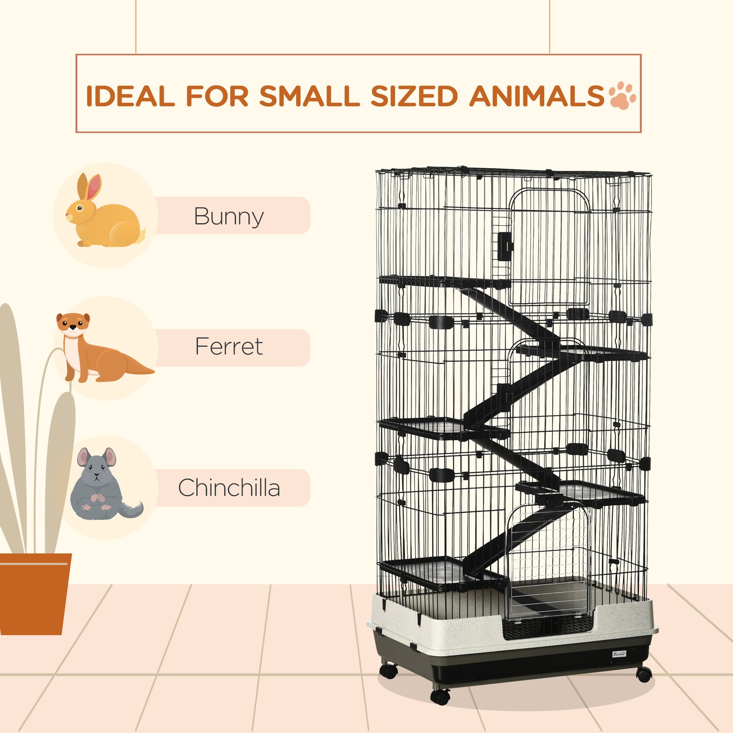 32L 6-Level Small Animal Cage Rabbit Hutch With Wheels Slide-out Tray Black For Bunny Chinchillas Ferret