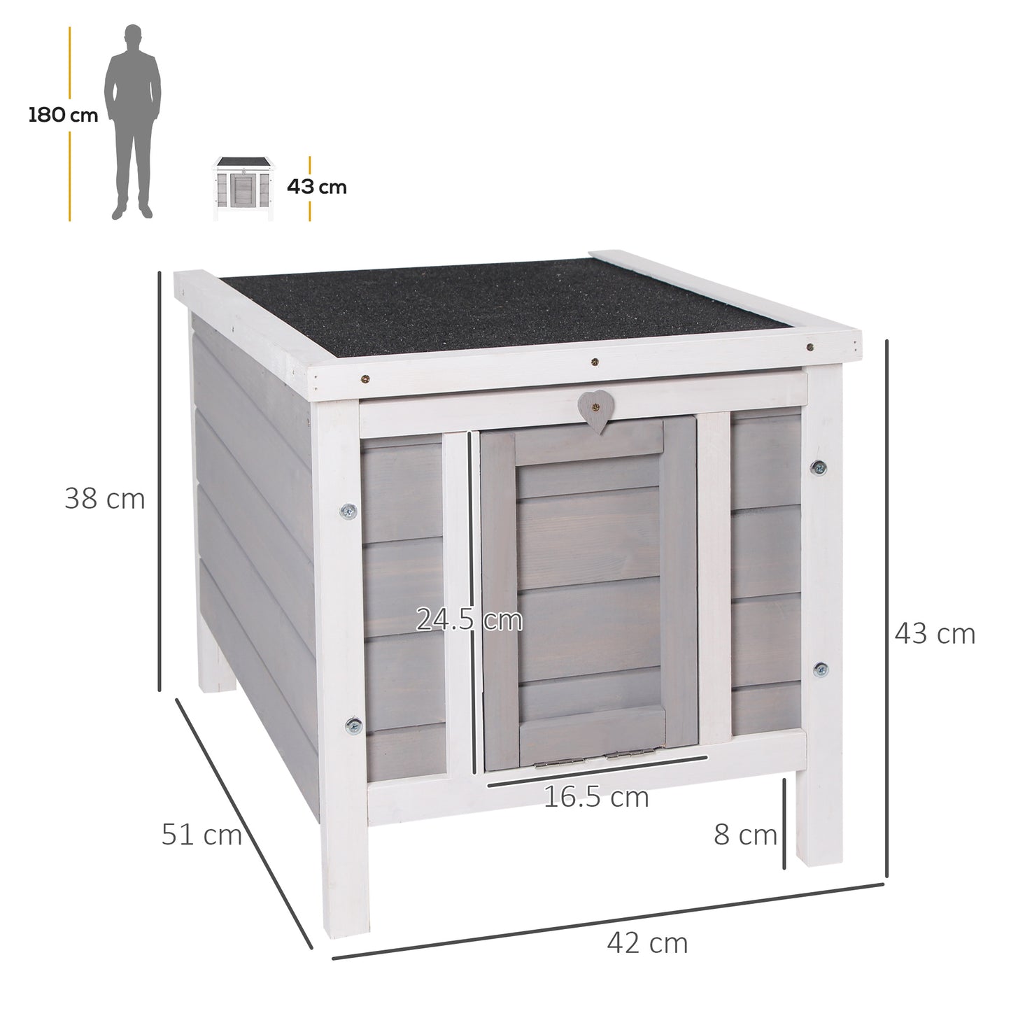 PawHut Wooden Rabbit Hutch Outdoor, Guinea Pig Hutch, Rabbit Hideaway, Cat House, Bunny Cage Small Animal House With Openable Roof, 51 X 42 X 43 Cm, Grey