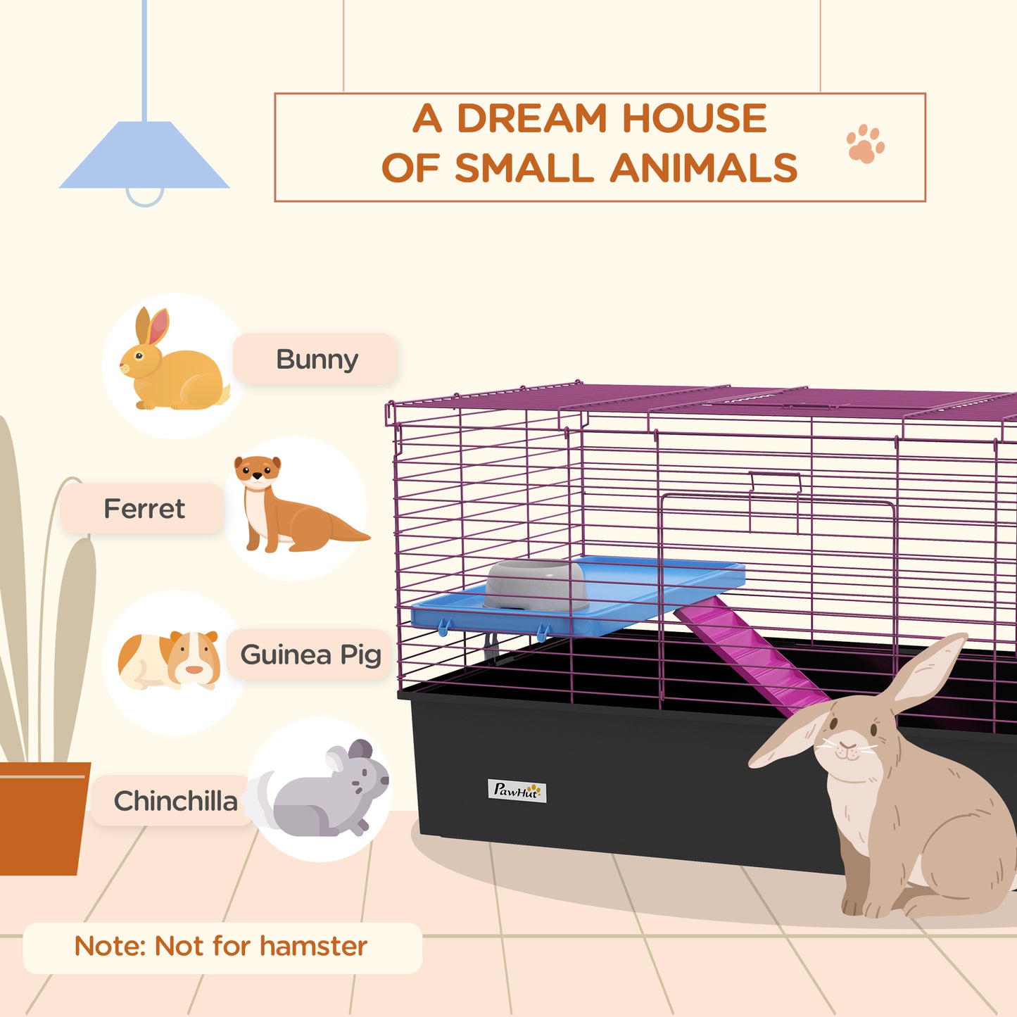PawHut Chinchillas Small Rabbit Guinea Pig Small Animal Cage, Pet Playhouse, With Platform, Ramp, 99 X 52 X 53cm, Black